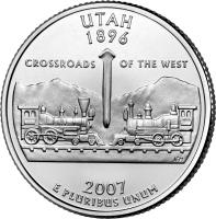United States coin 1/4 Dollar - Utah - Washington Quarter (2007) reverse reverse of 1/4 Dollar - Utah - Washington Quarter (2007) coin with KM# 400 from United States. Inscription: UTAH 1896 CROSSROADS OF THE WEST 2007 E PLURIBUS UNUM