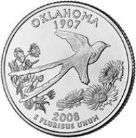 United States coin 1/4 Dollar - Oklahoma - Washington Quarter (2008) reverse reverse of 1/4 Dollar - Oklahoma - Washington Quarter (2008) coin with KM# 421 from United States. Inscription: OKLAHOMA 1907 2008 E PLURIBUS UNUM