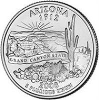 United States coin 1/4 Dollar - Arizona - Washington Quarter (2008) reverse reverse of 1/4 Dollar - Arizona - Washington Quarter (2008) coin with KM# 423 from United States. Inscription: ARIZONA 1912 GRAND CANYON STATE 2008 E PLURIBUS UNUM