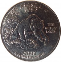 United States coin 1/4 Dollar - Alaska - Washington Quarter (2008) reverse reverse of 1/4 Dollar - Alaska - Washington Quarter (2008) coin with KM# 424 from United States. Inscription: ALASKA 1959 THE GREAT LAND 2008 E PLURIBUS UNUM
