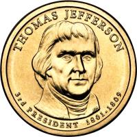 obverse of 1 Dollar - Thomas Jefferson (2007) coin with KM# 403 from United States. Inscription: THOMAS JEFFERSON 3rd PRESIDENT 1801-1809 JFM