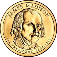 United States coin 1 Dollar - James Madison (2007) obverse obverse of 1 Dollar - James Madison (2007) coin with KM# 404 from United States. Inscription: JAMES MADISON 4th PRESIDENT 1809-1817 JI DE