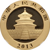 obverse of 500 Yuan - Panda Series - Panda; Gold Bullion (2013) coin from China. Inscription: 中华人民共和国 2013