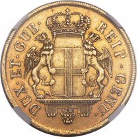 obverse of 96 Lire (1793 - 1797) coin with KM# 251 from Italian States. Inscription: DUX·ET·GUB· REIP·GENU·