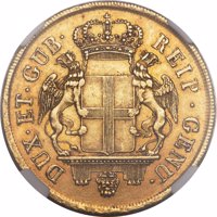 Italian States coin 96 Lire (1793 - 1797) obverse obverse of 96 Lire (1793 - 1797) coin with KM# 251 from Italian States. Inscription: DUX·ET·GUB· REIP·GENU·