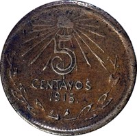 Mexico coin 5 Centavos (1915) reverse reverse of 5 Centavos (1915) coin with KM# 603 from Mexico. Inscription: 5 CENTAVOS 1915.