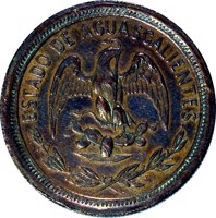 Mexico coin 20 Centavos (1915) obverse obverse of 20 Centavos (1915) coin with KM# 600 from Mexico. Inscription: ESTADO DE AGUASCALIENTES