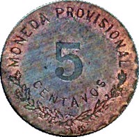 Mexico coin 5 Centavos - Provisional Government (1915) reverse reverse of 5 Centavos - Provisional Government (1915) coin with KM# 720 from Mexico. Inscription: MONEDA PROVIIONAL 5 CENTAVOS