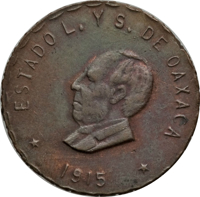Mexico coin 5 Centavos - Provisional Government (1915) obverse obverse of 5 Centavos - Provisional Government (1915) coin with KM# 721 from Mexico. Inscription: ESTADO L. Y S. DE OAXACA *1915*