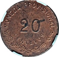 Mexico coin 20 Centavos - Provisional Government (1915) reverse reverse of 20 Centavos - Provisional Government (1915) coin with KM# 732 from Mexico. Inscription: MONEDA PROVISIONAL 20 CENTAVOS