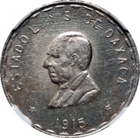 Mexico coin 1 Peso - Provisional Government (1915) obverse obverse of 1 Peso - Provisional Government (1915) coin with KM# 742 from Mexico. Inscription: ESTADO L. Y S. DE OAXACA *1915*