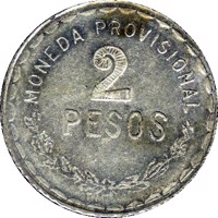 Mexico coin 2 Pesos - Provisional Government (1915) reverse reverse of 2 Pesos - Provisional Government (1915) coin with KM# 744 from Mexico. Inscription: MONEDA PROVISIONAL 2 PESOS