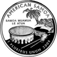 United States coin 1/4 Dollar - American Samoa - Washington Quarter (2009) reverse reverse of 1/4 Dollar - American Samoa - Washington Quarter (2009) coin with KM# 448 from United States. Inscription: AMERICAN SAMOA SAMOA MUAMUA LE ATUA E PLURIBUS UNUM 2009