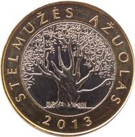 reverse of 2 Litai - Creations of nature and man - Stelmužė oak (2013) coin with KM# 190 from Lithuania. Inscription: STELMUŽĖS ĄŽUOLAS 2013