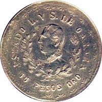 Mexico coin 60 Pesos - Provisional Government (1916) obverse obverse of 60 Pesos - Provisional Government (1916) coin with KM# 755 from Mexico. Inscription: ESTADO L. Y S. DE OAXACA 60 PESOS ORO