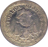 Mexico coin 60 Pesos - Provisional Government (1916) reverse reverse of 60 Pesos - Provisional Government (1916) coin with KM# 755 from Mexico. Inscription: REPUBLICA MEXICANA 902.7 * T.M. * 1916