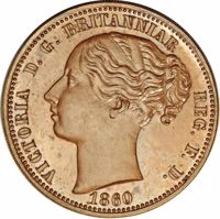 obverse of 1 Penny - Victoria (1860) coin with KM# Pn60 from United Kingdom. Inscription: VICTORIA D.G.BRITANNIAR REG.F.D.