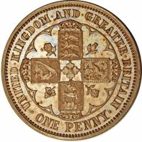 United Kingdom coin 1 Penny - Victoria (1860) reverse reverse of 1 Penny - Victoria (1860) coin with KM# Pn60 from United Kingdom. Inscription: UNITED.KINGDOM.AND.GREATER.BRITAIN. ONE PENNY