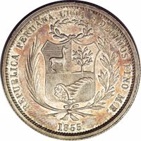 obverse of 50 Centimos (1855) coin with KM# PnA11 from Peru. Inscription: REPUBLICA PERUANA. LIMA. 9 DECIMOS FINO M.B. 1855