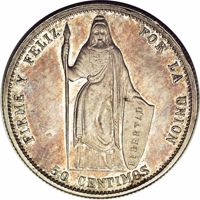 reverse of 50 Centimos (1855) coin with KM# PnA11 from Peru. Inscription: FIRME Y FELIZ POR LA UNION 50 CENTIMOS