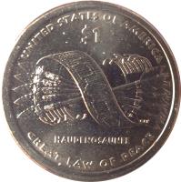 United States coin 1 Dollar - Native American - Hiawatha Belt - Sacagawea Dollar (2010) reverse reverse of 1 Dollar - Native American - Hiawatha Belt - Sacagawea Dollar (2010) coin with KM# 474 from United States. Inscription: UNITED STATES OF AMERICA $1 HAUDENOSAUNEE GREAT LAW OF PEACE
