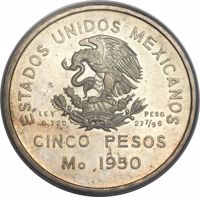 Mexico coin 5 Pesos (1950) obverse obverse of 5 Pesos (1950) coin with KM# Pn197 from Mexico. Inscription: ESTADOS UNIDOS MEXICANOS LEY 0.720 PESO 27 7/9G CINCO PESOS Mo. 1950