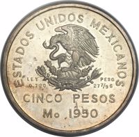 obverse of 5 Pesos (1950) coin with KM# Pn197 from Mexico. Inscription: ESTADOS UNIDOS MEXICANOS LEY 0.720 PESO 27 7/9G CINCO PESOS Mo. 1950