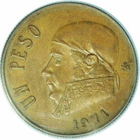 Mexico coin 1 Peso (1971) reverse reverse of 1 Peso (1971) coin from Mexico. Inscription: UN PESO Mo 1971