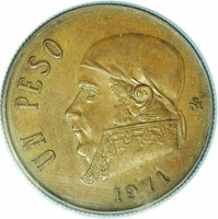 reverse of 1 Peso (1971) coin from Mexico. Inscription: UN PESO Mo 1971