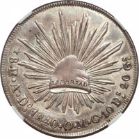 Mexico coin 8 Reales (1840) reverse reverse of 8 Reales (1840) coin with KM# Pn59 from Mexico. Inscription: LIBERTAD *8R•A•Do.•1840•O•M•C•10Ds.20Gs.