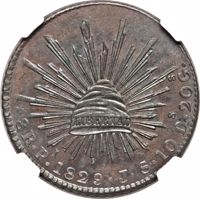 Mexico coin 8 Reales (1829) reverse reverse of 8 Reales (1829) coin with KM# Pn20 from Mexico. Inscription: LIBERTAD *8R•PI.•1829•J•S•10Ds.20Gs.