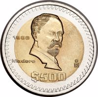Mexico coin 500 Pesos (1988) reverse reverse of 500 Pesos (1988) coin with KM# Pn240 from Mexico. Inscription: 1988 Madero Mo $500