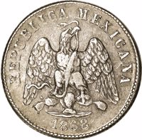 obverse of 10 Centavos (1868) coin with KM# Pn109 from Mexico. Inscription: REPUBLICA MEXICANA 1868