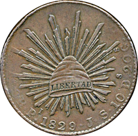 reverse of 8 Reales (1829) coin with KM# Pn21 from Mexico. Inscription: LIBERTAD *8R•PI.•1829•J•S•10Ds.20Gs.