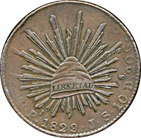 Mexico coin 8 Reales (1829) reverse reverse of 8 Reales (1829) coin with KM# Pn21 from Mexico. Inscription: LIBERTAD *8R•PI.•1829•J•S•10Ds.20Gs.