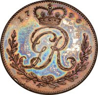 Gold Coast coin 1 Ackey - George III (1796) obverse obverse of 1 Ackey - George III (1796) coin with KM# Pn7 from Gold Coast. Inscription: 1796 GR