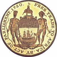 Gold Coast coin 1 Ackey - George III (1796) reverse reverse of 1 Ackey - George III (1796) coin with KM# Pn8 from Gold Coast. Inscription: FREE TRADE TO AFRICA. BY ACT. OF PARLIAMENT. 1750.