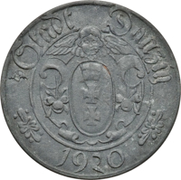 obverse of 10 Pfennig (1920) coin with KM# Tn2 from Danzig. Inscription: STADT DANZIG 1920