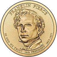 obverse of 1 Dollar - Franklin Pierce (2010) coin with KM# 476 from United States. Inscription: FRANKLIN PIERCE IN GOD WE TRUST 14th PRESIDENT 1853-1857