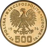 Poland coin 500 Złotych - Tadeusz Kosciuszko (1976) obverse obverse of 500 Złotych - Tadeusz Kosciuszko (1976) coin with KM# Pr289 from Poland. Inscription: POLSKA • RZECZPOSPOLITA • LUDOWA 19 76 mw • ZŁ 500 ZŁ •