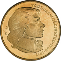 Poland coin 500 Złotych - Tadeusz Kosciuszko (1976) reverse reverse of 500 Złotych - Tadeusz Kosciuszko (1976) coin with KM# Pr289 from Poland. Inscription: TADEUSZ • KOŚCIUSZKO • 1746 • 1817 PRÓBA