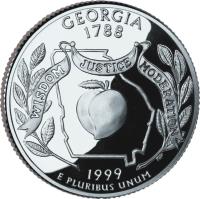reverse of 1/4 Dollar - Georgia - Washington Quarter; Silver Proof (1999) coin with KM# 296a from United States. Inscription: GEORGIA 1788 WISDOM JUSTICE MODERATION 1999 E PLURIBUS UNUM