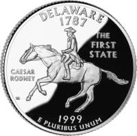 reverse of 1/4 Dollar - Delaware - Washington Quarter; Silver Proof (1999) coin with KM# 293a from United States. Inscription: DELAWARE 1787 THE FIRST STATE CAESAR RODNEY 1999 E PLURIBUS UNUM WC