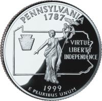 reverse of 1/4 Dollar - Pennsylvania - Washington Quarter; Silver Proof (1999) coin with KM# 294a from United States. Inscription: PENNSYLVANIA 1787 VIRTUE LIBERTY INDEPENDENCE 1999 E PLURIBUS UNUM JM