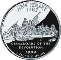 reverse of 1/4 Dollar - New Jersey - Washington Quarter; Silver Proof (1999) coin with KM# 295a from United States. Inscription: NEW JERSEY 1787 CROSSROADS OF THE REVOLUTION 1999 E PLURIBUS UNUM AM