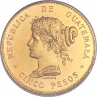 Guatemala coin 5 Pesos (1894) reverse reverse of 5 Pesos (1894) coin with KM# Pn23 from Guatemala. Inscription: REPUBLICA DE GUATEMALA LIBERTAD LAGRANGE *CINCO PESOS*