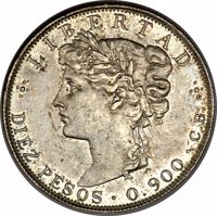 Guatemala coin 10 Pesos (1894) reverse reverse of 10 Pesos (1894) coin with KM# Pn29 from Guatemala. Inscription: +LIBERTAD+ DIEZ PESOS • 0.900 • C.B.
