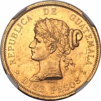 Guatemala coin 10 Pesos (1894) reverse reverse of 10 Pesos (1894) coin with KM# Pn26 from Guatemala. Inscription: REPUBLICA DE GUATEMALA LIBERTAD LAGRANGE *DIEZ PESOS*