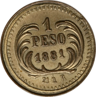 Guatemala coin 1 Peso (1881) reverse reverse of 1 Peso (1881) coin with KM# Pn8 from Guatemala. Inscription: 1 PESO 1881 21Q.R.