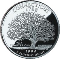 reverse of 1/4 Dollar - Connecticut - Washington Quarter; Silver Proof (1999) coin with KM# 297a from United States. Inscription: CONNECTICUT 1788 THE CHARTER OAK 1999 E PLURIBUS UNUM TJV